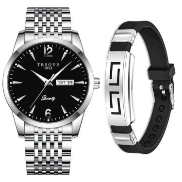 Imagem de Relógio Masculino De Luxo Prata Analógico + Pulseira Metal-Masculino