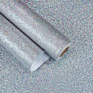 Imagem de EaseStick Papel de parede com glitter prateado holográfico de 39,9 cm x 406,44 cm, papel de contato com glitter, autoadesivo, iridescente, para festas, artesanato, armários, adesivos de papel de