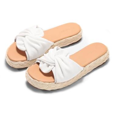 Imagem de Coutgo Sandálias femininas de alpargatas plataforma, bico aberto, sem cadarço, sapatos de praia de verão, Branco, 38