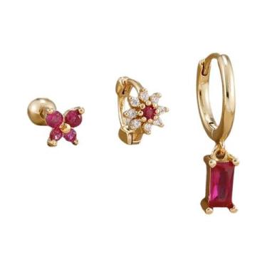 Imagem de Conjunto De Brincos De Argola Com Flor De Zircônia Banhados a Ouro 14K