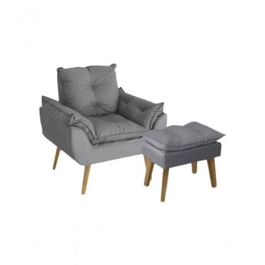 Imagem de Poltrona/cadeira Decorativa E Puff Glamour Com Pés Quadrado Cinza