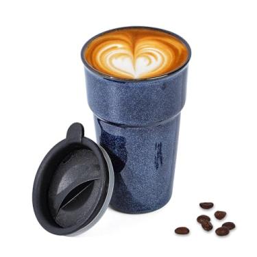 Imagem de vicrays Caneca de café de viagem de cerâmica com tampa, copo alto reutilizável isolado, caneca de café portátil fácil de transportar para porta-copos de carro, lavável na lava-louças, 340 g, esmalte