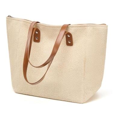 Imagem de DETARA Bolsa feminina de palha de tecido de praia de couro PU para compras de fim de semana bolsa de viagem, V01 bege palha, Large