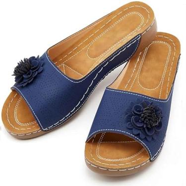 Imagem de RiceelSor Sandálias femininas elegantes de flor ortopédica plataforma casual confortável com bico aberto, com suporte de arco, chinelos de praia boho de verão, Azul escuro, 42