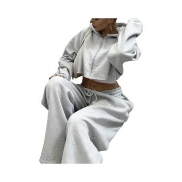 Imagem de Conjunto De Moletom Feminino Com Capuz E Zíper, Cropped E Calça, 2 Peç