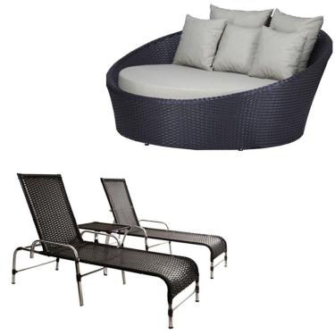 Imagem de Kit Chaise Com 2 Espreguiçadeiras Catar Reguláveis Com Almofadas Preto