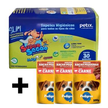 Imagem de Kit 1 Un de Tapete Higiênico Max Citrus Slim Super Secão Petix 30Un 3 Unidades Ração Úmida Pedigree Sachê Carne ao Molho