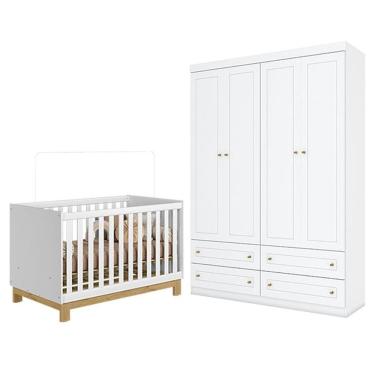 Imagem de Berço Americano Mini Cama Q Encanto Slim Branco Acetinado - Qmovi e Guarda Roupa Infantil Americano 4 Portas Branco HP - Henn