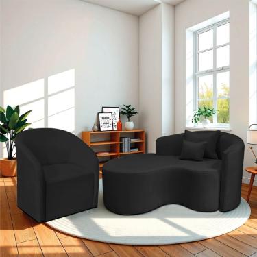 Imagem de Kit Recamier Curvo Sala De Estar Inglaterra 150cm Lado Esquerdo E Poltrona Orgânica Luxo Luiza Max Bouclé Preto