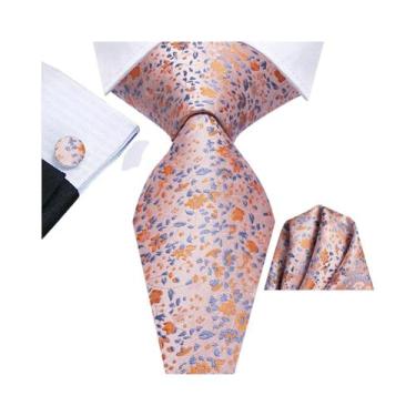 Imagem de Gravata Floral Masculina Rosa, Roxa E Verde Para Casamento, Abotoadura