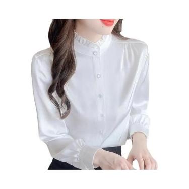 Imagem de Blusa de manga comprida feminina, camisa com gola alta, tops brancos, 