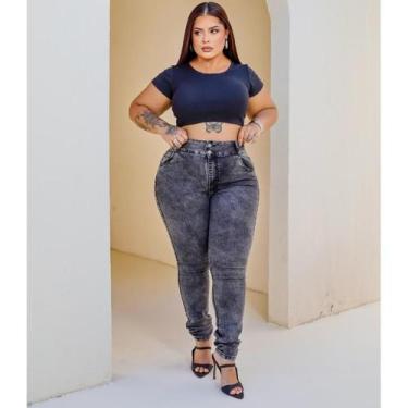 Imagem de Calça Skinny Plus size feminina jeans Cintura alta chumbo marmorizada 