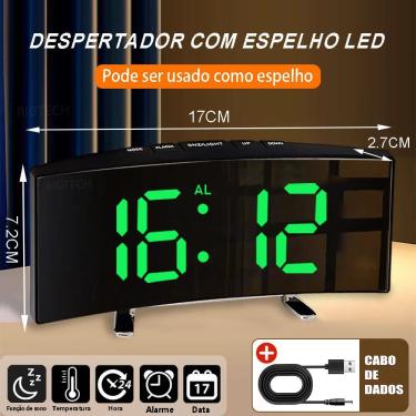 Imagem de Relógio Despertador Digital LED Espelhado com Números Verdes - Tudo em Caixa