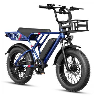 Imagem de Bicicleta elétrica Jasion RetroVolt azul com cesta dianteira pneus 20x4 suspensão dupla...