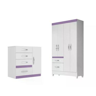 Imagem de Kit Roupeiro com Cômoda Madri 1 Porta 4 Gavetas MDP 111cm Branco-rosa-azul-lilas Flex M...