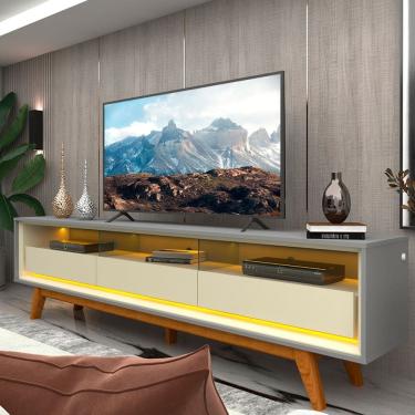 Imagem de Rack para TV Até 85 Polegadas Requinte 3 Gavetas 100% Mdf com Pés e Led Cinza/Off White - Gelius