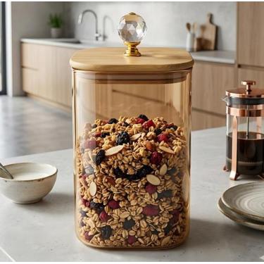 Imagem de Pote de Vidro Hermético 1150ml Âmbar Quadrado com Tampa de Bambu Porta