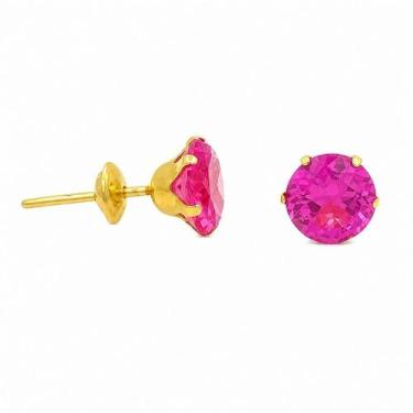 Imagem de Brinco em Ouro 18K com Zircônia Redonda Rosa - Joia Elegante - Justino