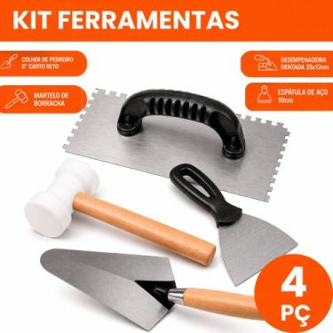 Imagem de Kit ferramenta colher de pedreiro + desempenadeira + martelo borracha 