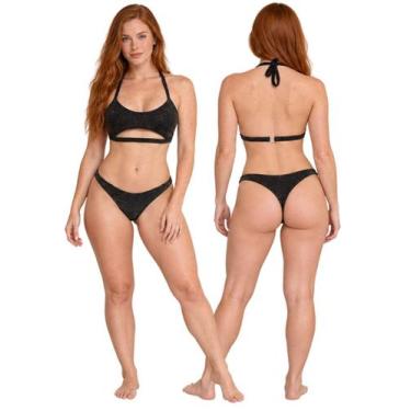 Imagem de Biquíni Feminino Top Aviador Lurex Sem Bojo Calcinha Fio Dental Asa de