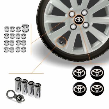 Imagem de Kit Acessórios Para Roda Calota Toyota Emblema Resinado + Tampa Ventil Antifurto + Capa Parafuso