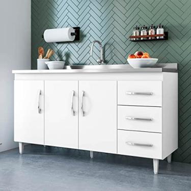 Imagem de Balcão Isabel com Pia 160cm 3 Portas 3 Gavetas Branco - Amarena Móveis