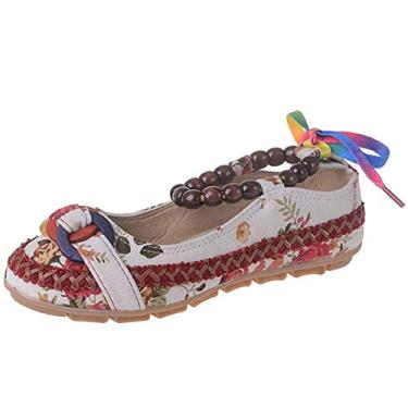 Imagem de TangDao Sapatilhas femininas retrô étnicas com bico redondo, bordado floral, com cadarço, casual, bailarina, Branco, 5.5