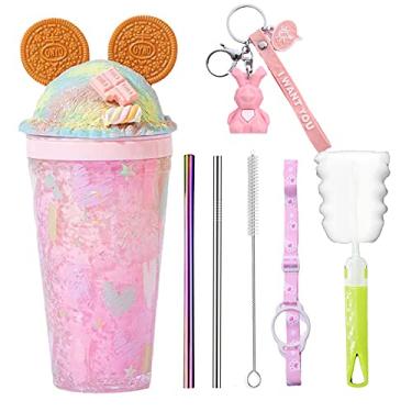 Imagem de Copo de viagem com canudo copo de festa, copo de gelo para congelador, caneca de piquenique (orelha rosa, 450 ml)