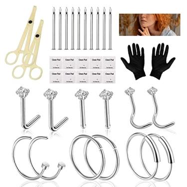 Imagem de Kit de piercing de nariz – Gakonp 34 peças com agulhas de piercing de aço inoxidável 18G, 20G, piercing de nariz, luvas para piercing de nariz, kit de piercing para o corpo, suprimentos para piercing