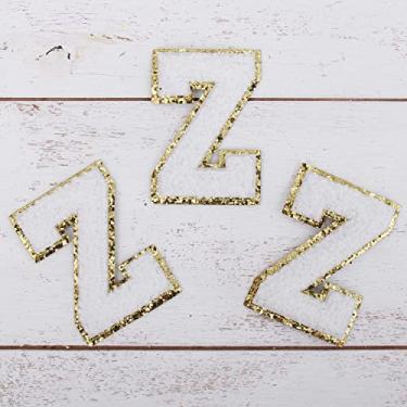 Imagem de Pacote com 3 adesivos de Chenille Iron On Glitter Varsity Letter "Z" - Tecido de chenille branco com acabamento dourado - Costurar ou passar - 5,5 cm de altura