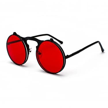 Imagem de Óculos de sol vintage Steampunk flip retrô redondo com armação de metal óculos de sol para homens mulheres óculos de grife círculo oculos, C11 preto vermelho, um
