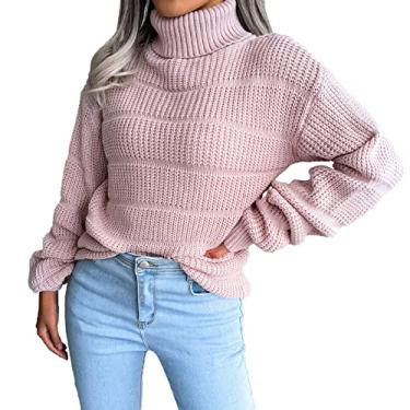 Imagem de Suéter feminino de malha gola rolê manga longa pulôver suéter de malha outono inverno pulôver, rosa, M