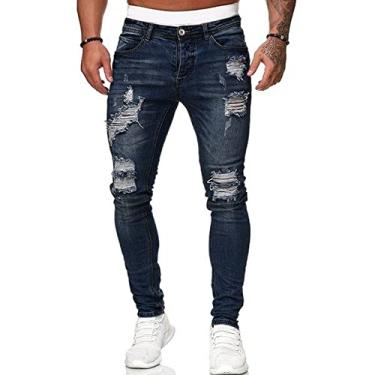 Imagem de Bestgift Calça masculina com furos, calça jeans branca e fina, calça de perna pequena, masculina, Azul-escuro, G