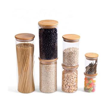 Imagem de Kit Pote de Mantimento 2000/1100/600/250ML Tampa Bambu 7PÇS