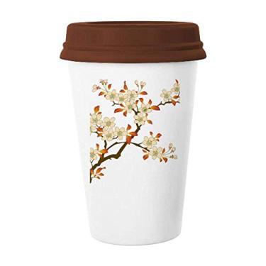 Imagem de Caneca de cerâmica com estampa de folhas de flor e papel de parede com tampa para copo de café
