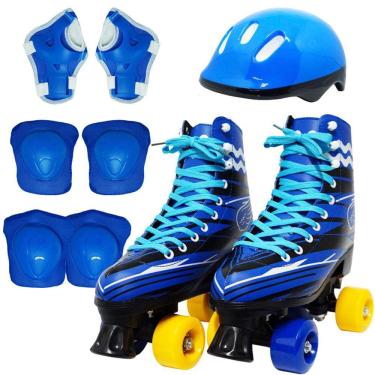 Imagem de Kit Patins Clássico Quad 4 Rodas Roller + Acessórios Masculino Menino Azul Importway BW-021-AZ