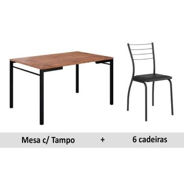 Imagem de Sala de Jantar Completa 1526 Aço c/Tampo Madeirado 136x90cm e 6 Cadeiras 1700 Preto/Courano Preto - Carraro