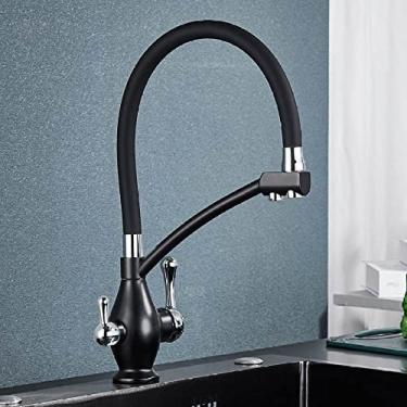 Imagem de Torneira de cozinha com filtro de latão preto Água pura 360 Guindaste giratório com alça dupla Purificação de cozinha Torneira misturadora de água potável quente e fria, preto cromado A