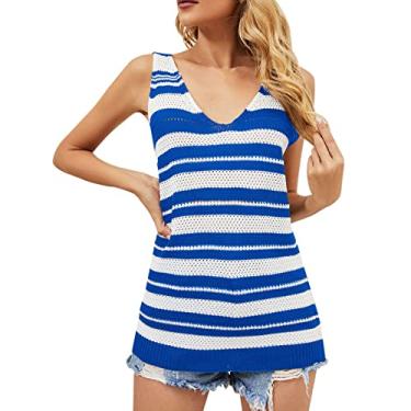 Imagem de Camiseta regata feminina tricotada estampada para sair, camiseta sexy de verão sem mangas, blusa floral, colete de festa, Azul, GG