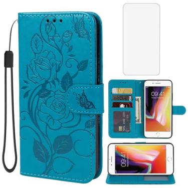Imagem de Vavies Capa para iPhone 6, capa carteira para Apple 6 com protetor de tela de vidro temperado, capa de telefone com suporte para cartão de crédito de couro floral para iPhone 6 azul