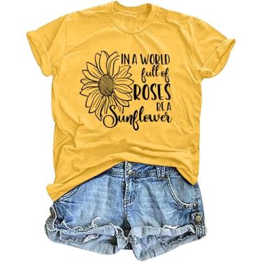 Imagem de Camisetas femininas com estampa de flores de girassol camisetas inspiradoras casuais Faith Shirt Tops, Amarelo rosa, GG