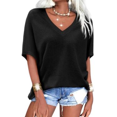 Imagem de Tankaneo Camisetas femininas grandes de verão, casual, gola V, manga curta, túnica de malha, Preto, G