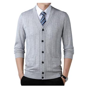 Imagem de Cardigã masculino de cor sólida, suéter de malha com gola redonda e bolso manga longa casual, Cinza-claro, G
