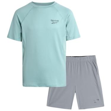 Imagem de Reebok Conjunto de shorts esportivos para meninos - 2 peças de camiseta de manga curta e shorts de tecido - conjunto esportivo para meninos (8-12), Azul gelo, 12