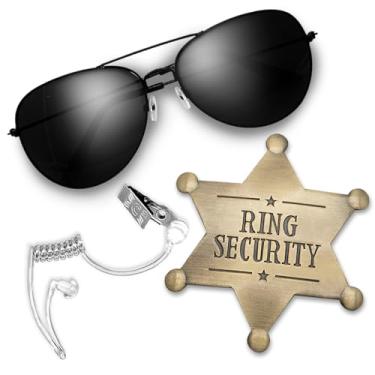 Imagem de Huwane Anel de segurança anel de casamento presente serviço secreto cosplay conjunto policial espião FBI brinquedos acessório, inclui fones de ouvido acústicos, óculos de sol portador de anel, crachás