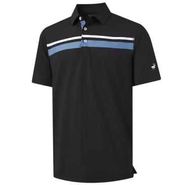 Imagem de Rouen Camisa polo masculina, manga curta, ajuste seco, leve, sem rugas, casual, atlética, listrada, camiseta de golfe masculina, Preto, M