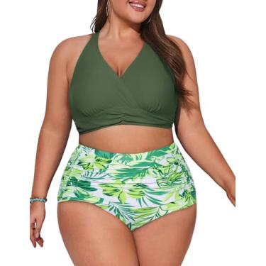 Imagem de Biquíni feminino plus size, frente única, decote em V, cintura alta, franzido, controle de barriga, Folhas verdes impressas, 13 Plus Size