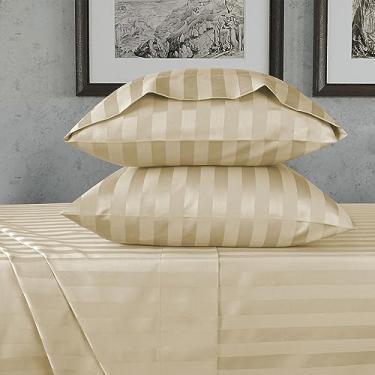 Imagem de URBANHUT Jogo de lençol solteiro listrado damasco algodão egípcio 800 fios (3 peças) - Ultramacios e lisos, lençóis de cama solteiro, lençóis de hotel de luxo com bolso profundo de 40,6 cm - areia