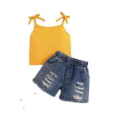 Imagem de Roupas para bebês gêmeos primavera verão algodão sólido sem mangas colete shorts jeans roupas roupas, Amarelo, 5-6 Anos