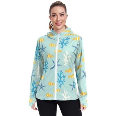 Imagem de KLL Moletom com capuz leve para mulheres, camisetas de corrida, proteção FPS 50+, para mulheres, recifes de corais, anêmona, peixe, Peixe anêmona de recife de coral, M